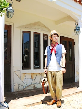 「ジャパンブルー」｜「アイテム（その他シューズ）」を使った、KENT BREAD HAT さん（メンズ・156cm）の夏コーディネート