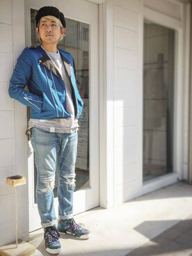 「WHIZLIMITED（ウィズリミテッド）のアイテム（ライダースジャケット）」を使った、Valleyシノハラさん（メンズ・173cm）の秋コーディネート