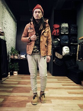 「アイテム（ミリタリージャケット、ブラウン系）」を使った、zengさん（メンズ・175cm）の冬コーディネート