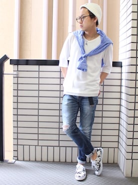 「丸メガネ」｜HIRO@美容師さん（メンズ・170cm）の夏コーディネート