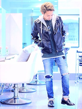 「アイテム（ライダースジャケット）」を使った、HIRO@美容師さん（メンズ・170cm・30代）の秋コーディネート