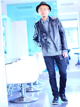 「アイテム（ライダースジャケット）」を使った、HIRO@美容師さん（メンズ・170cm・30代）の冬コーディネート