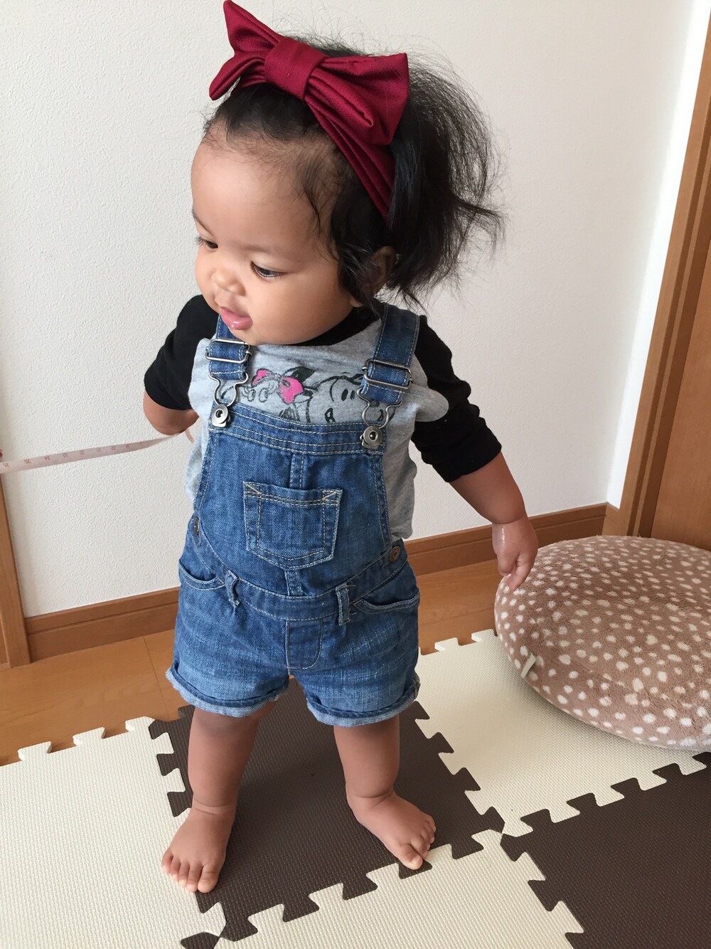 「クオーター、くせっ毛、むちむち、スヌーピー、ハンドメイド」｜「babyGAPのアイテム（つなぎ/オールインワン、ブルー系）」を使った、じゅにこ♡さん（キッズ・80cm）の秋コーディネートの1枚目の写真