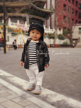 「ボーダーTシャツ」｜こがめさん（キッズ・70cm）の春コーディネート