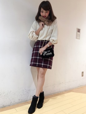 「ROPE' PICNIC（ロペピクニック）のベロアパフスリーブプルオーバー（ニット/セーター、ホワイト系）」を使った、majicoさん（レディース・160cm）の秋コーディネート