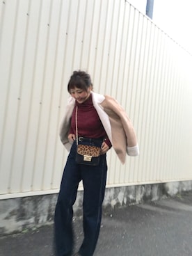 「ROPE' PICNIC（ロペピクニック）のシープボアフェイクムートンショートコート（ジャケット/アウター、ベージュ系）」を使った、majicoさん（レディース・160cm）の秋コーディネート