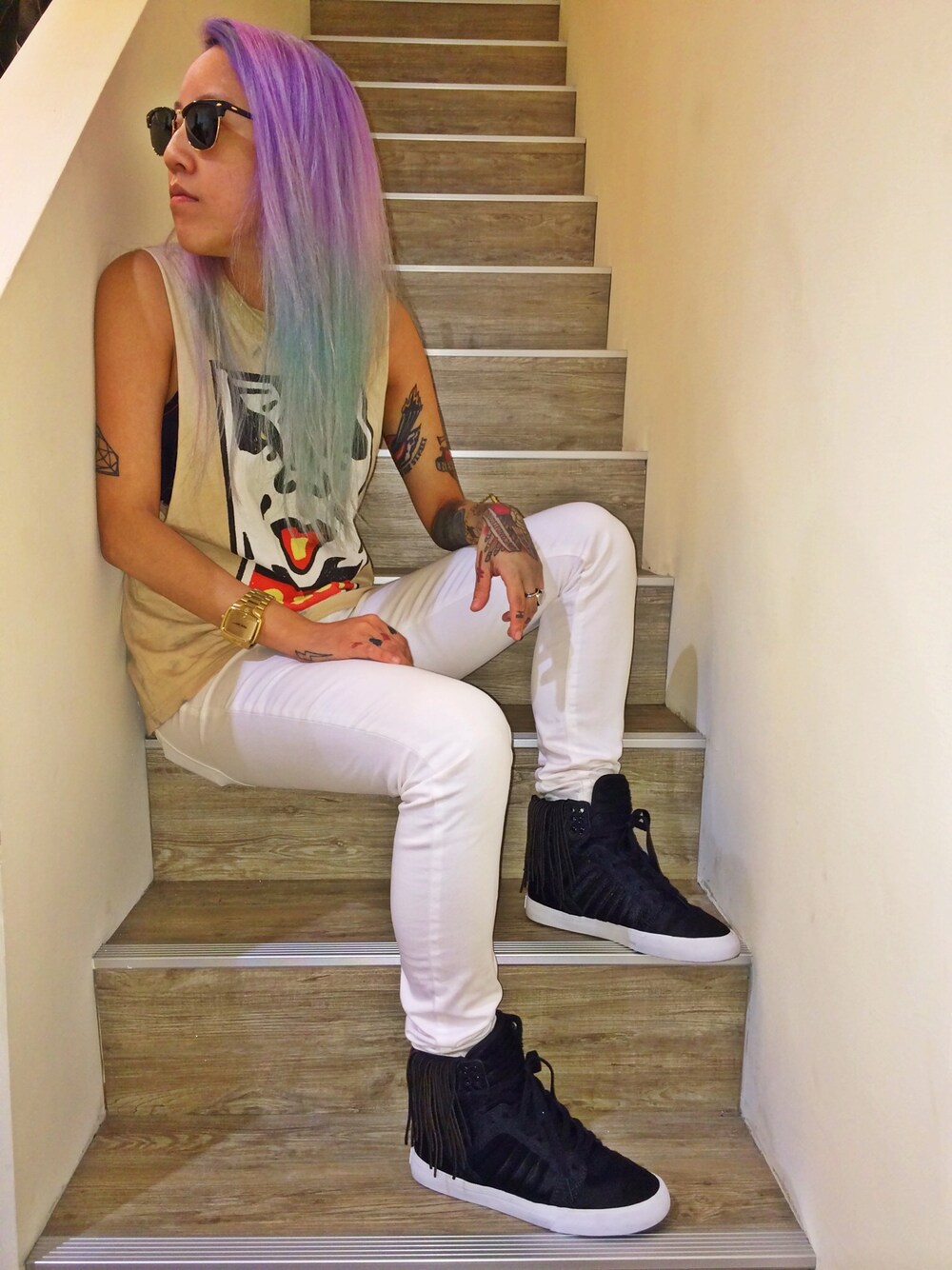 「ray ban、OBEY、NIXON、SUPRA、black and white、SKYTOP」｜「Ray-BanのCLUBMASTER（サングラス、ブラック系）」を使った、MaybleBlacklabelさん（レディース・160cm）の秋コーディネートの1枚目の写真