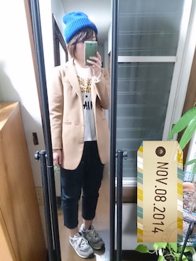 「NEWBALANCE」｜「アイテム（ニットキャップ/ビーニー）」を使った、かんたんさん（レディース・154cm）の秋コーディネート