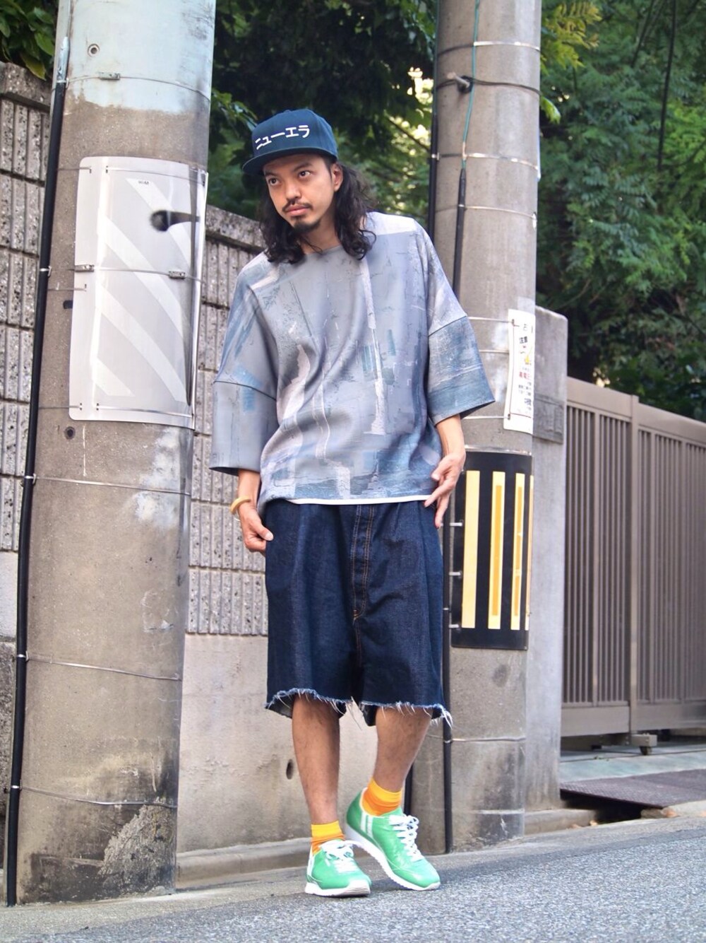 「フロノウェア、膝上ショーツ、SUPRAM、WEARBOOKエントリー、ヤバSTYLE、ヤバコレ、YABAコレ」｜「NEW ERAのトントントンツーツーです。（キャップ、ブルー系）」を使った、トヲルさん（メンズ・180cm）の夏コーディネートの1枚目の写真