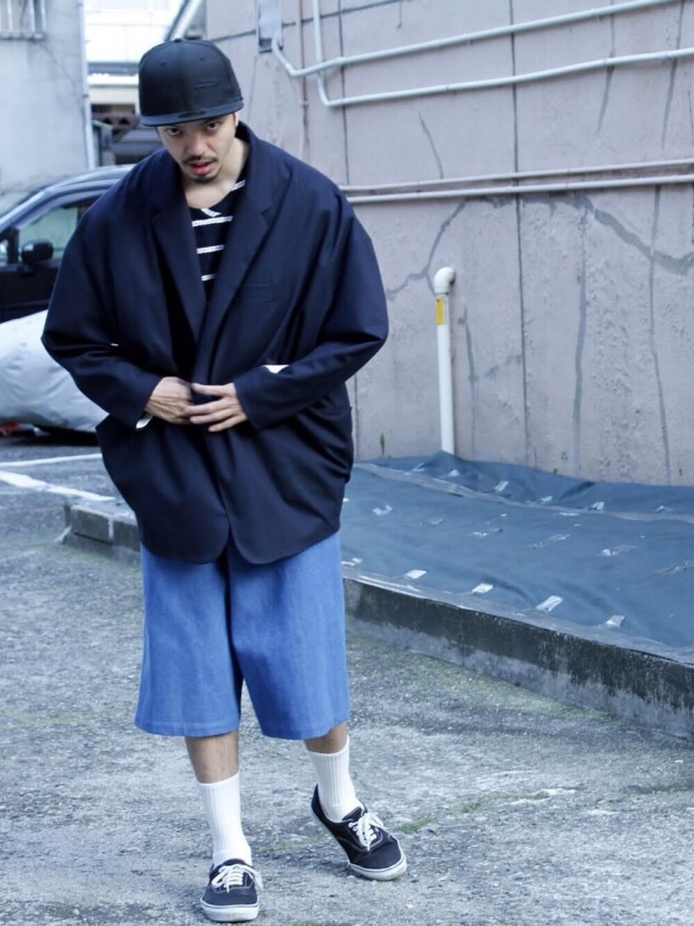 「スポーツミックス、春コーデ、春色、edwina horl、ffiXXed、my beautiful landlet、VANS、ガウチョパンツ、ワイドパンツ」｜「Yohji Yamamotoのアイテム（キャップ、ブラック系）」を使った、トヲルさん（メンズ・180cm）の春コーディネートの1枚目の写真