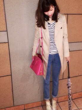 「ボーダーTシャツ」｜「アイテム（トレンチコート）」を使った、chicoさん（レディース・163cm）の冬コーディネート