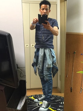 「GU（ジーユー）のアイテム（Tシャツ/カットソー、ブラウン系）」を使った、koujiさん（メンズ）の夏コーディネート