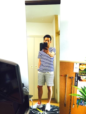 「no brand（ノーブランド）のアイテム（Tシャツ/カットソー、ブルー系）」を使った、koujiさん（メンズ）の夏コーディネート