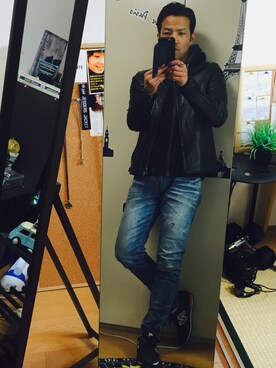 「NANO universe（ナノユニバース）のアイテム（ライダースジャケット、ブラック系）」を使った、koujiさん（メンズ）の冬コーディネート