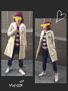 「ネルシャツ」｜「アイテム（トレンチコート）」を使った、MOCAさん（レディース・152cm）の秋コーディネート