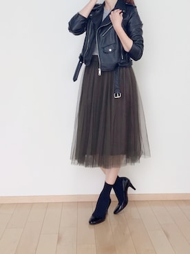「ソックス」｜「アイテム（ライダースジャケット）」を使った、やぎさん（レディース・155cm）の秋コーディネート