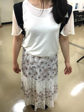 「earth music&ecology（アースミュージックアンドエコロジー）のバックリボンビジュープルオーバー（Tシャツ/カットソー、ホワイト系）」を使った、ゆっちゃんさん（レディース・153cm）の夏コーディネート