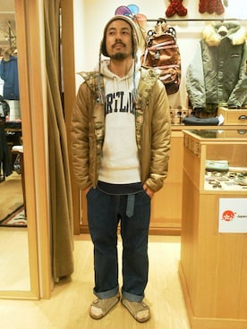 「WILD THINGS（ワイルドシングス）のアイテム（ダウンジャケット/コート）」を使った、牛木さん（メンズ・165cm）の冬コーディネート