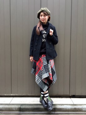 「BEAMS BOY（ビームスボーイ）のアイテム（ピーコート）」を使った、AyaMatsunagaさん（レディース・165cm）の冬コーディネート
