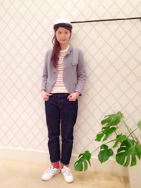 「ボーダーニット」｜「アイテム（スニーカー）」を使った、AyaMatsunagaさん（レディース・165cm）の冬コーディネート