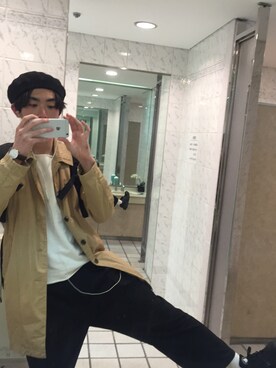 「トイレから失礼しやす」｜「アイテム（ハンチング/ベレー帽）」を使った、こーだま。さん（メンズ・176cm）の春コーディネート