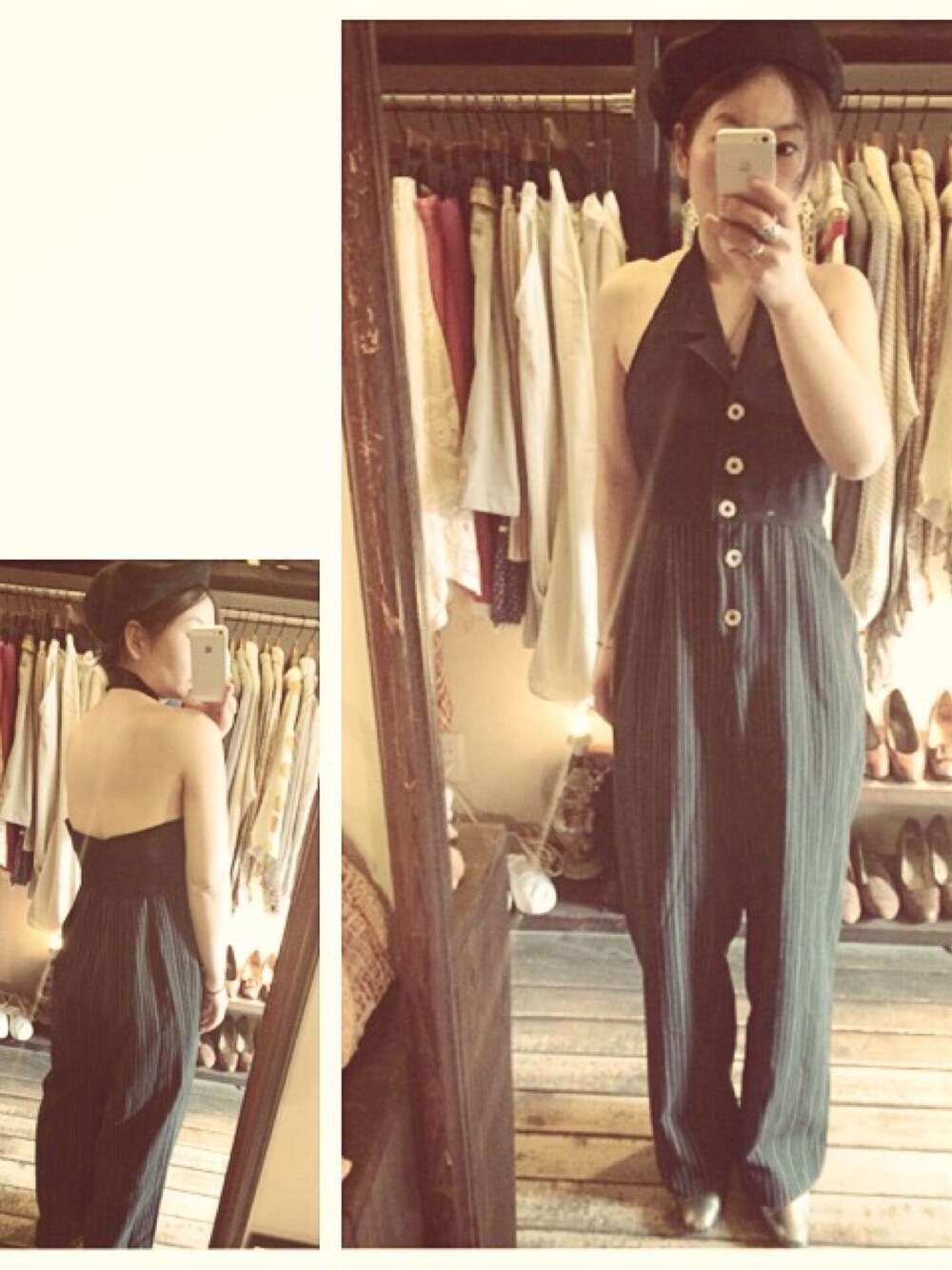 「vintage style、jumpsuit、背中あき、古着屋」｜「VINTAGEのアイテム（つなぎ/オールインワン、ブラック系）」を使った、seikoさん（レディース・155cm）の春コーディネートの1枚目の写真