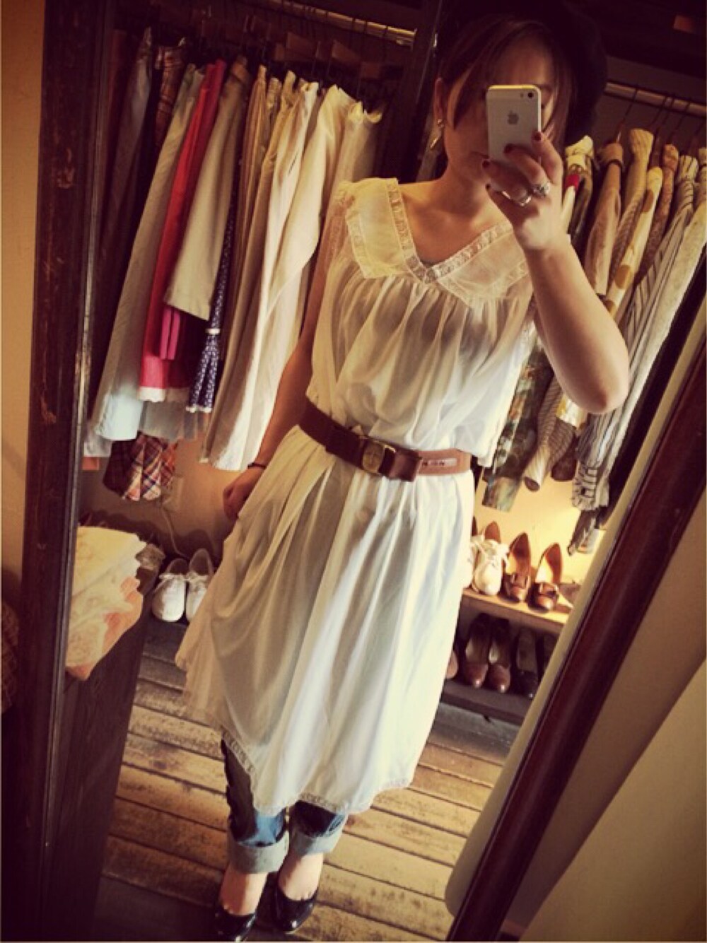 「vintage、古着屋、シースルー、ワンピース」｜「VINTAGEのアイテム（ワンピース、ホワイト系）」を使った、seikoさん（レディース・155cm）の春コーディネートの1枚目の写真