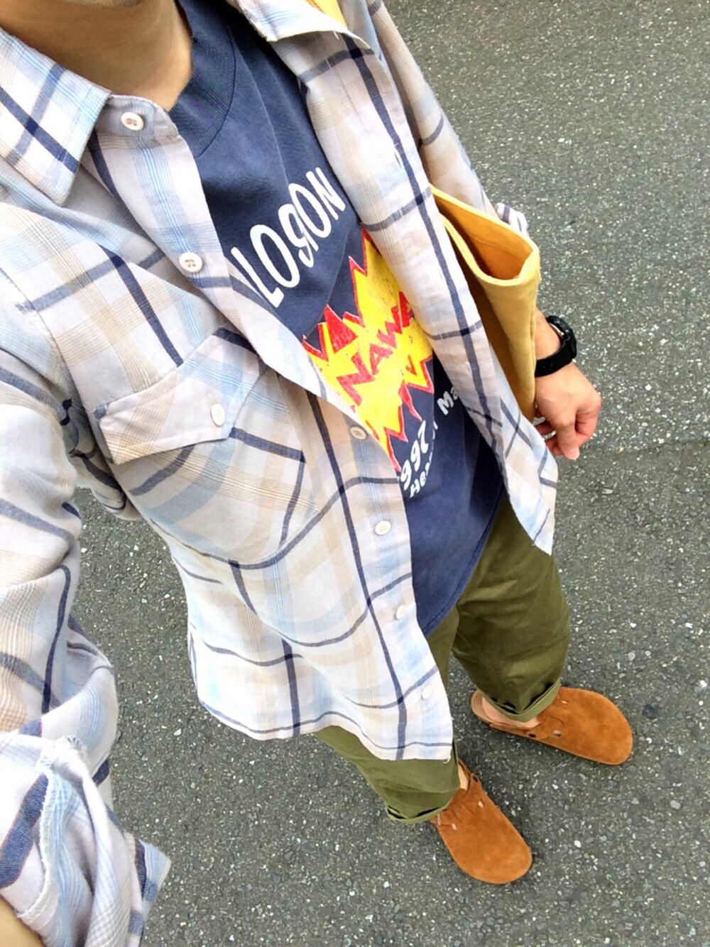 「birkenstock、80s、古着、ゆるコーデ、カジュアル、used、サンダル、ビッグシルエット、ラフ、ロールアップ」｜「Levi'sのアイテム（シャツ/ブラウス、ベージュ系）」を使った、ponさん（メンズ・164cm）の夏コーディネートの1枚目の写真