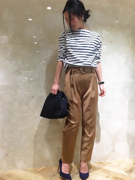 「Mila Owen（ミラオーウェン）のベルト付テーパードパンツ（その他パンツ、ベージュ系）」を使った、kanae odaさん（レディース・158cm）の冬コーディネート