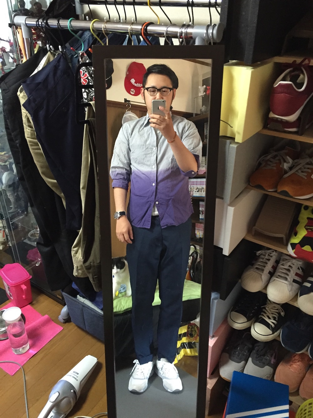 「JOURNAL STANDARDのアイテム（シャツ/ブラウス、パープル系）」を使った、necogaskeeさん（メンズ・180cm）の夏コーディネートの1枚目の写真