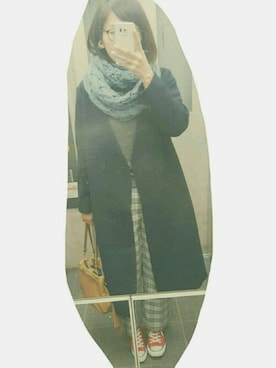 「KBF+（ケービーエフプラス）のKBF+　ノーカラーロングコート（その他アウター、ブルー系）」を使った、タラコさん（レディース・170cm）の冬コーディネート