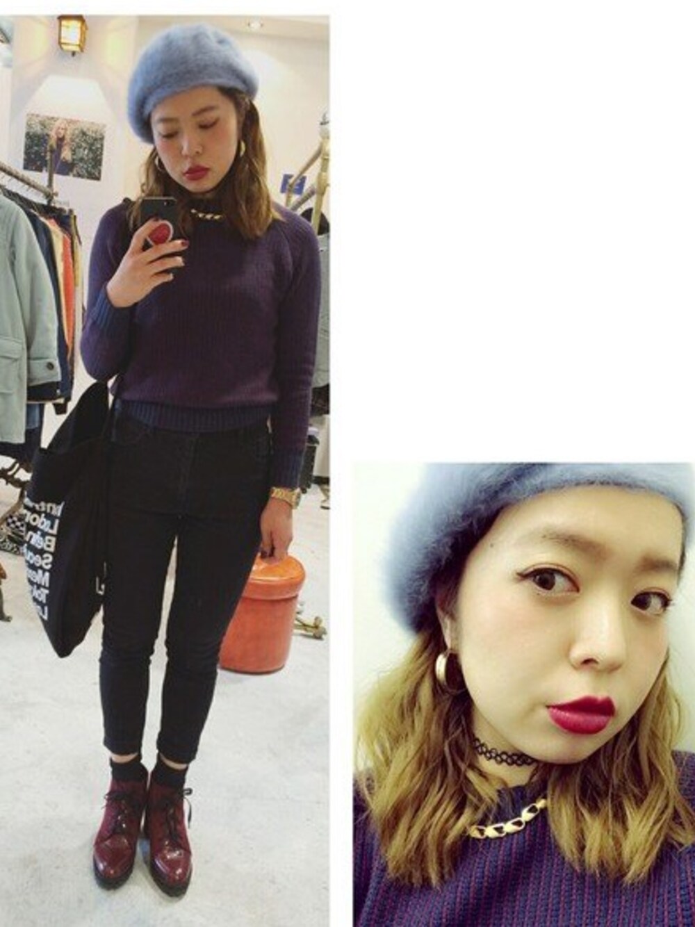 「ファー帽子、SLY、murua、American Apparel、NADIA」｜「SLYのアイテム（ニット/セーター、ブルー系）」を使った、S A Y A K Oさん（レディース・158cm）の秋コーディネートの1枚目の写真