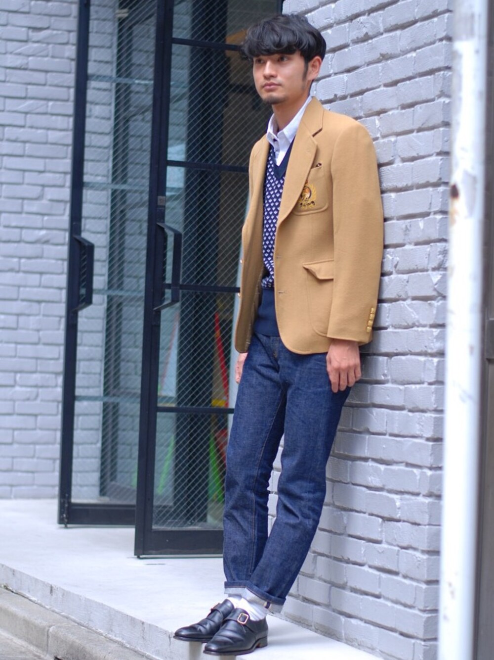 「結婚式二次会スタイル、ジャケットスタイル、APC」｜「RALPH LAURENのアイテム（テーラードジャケット、ゴールド系）」を使った、MIZOさん（メンズ・165cm）の秋コーディネートの1枚目の写真