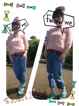 「パラビオンのブラウス（シャツ/ブラウス、ピンク系）」を使った、achamiさん（レディース・149cm）の夏コーディネート