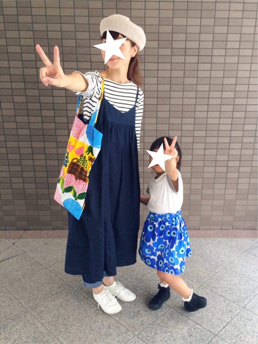 「ワンピース×デニム、100コーデ達成！、ハンドメイド、親子コーデ、ママコーデ、marimekko」｜「marimekkoのバック
（エコバッグ/サブバッグ、その他）」を使った、Chocorooさん（レディース・156cm）の秋コーディネートの1枚目の写真