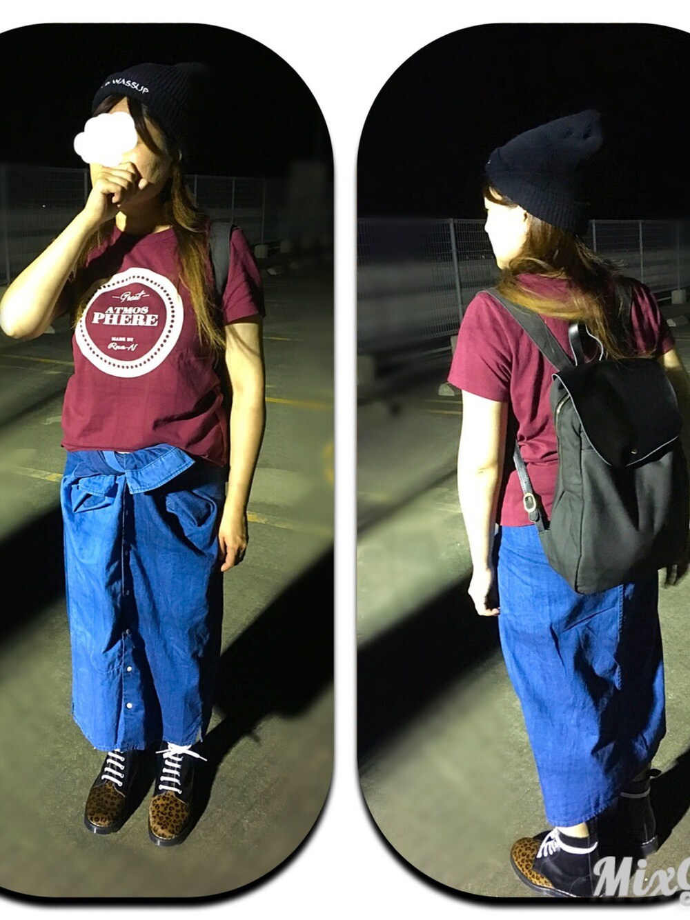 レッド系のTシャツ/カットソー、ブラック系のシューズ、ブルー系のシャツ/ブラウスを着用したレディースの秋コーディネートの1枚目の写真