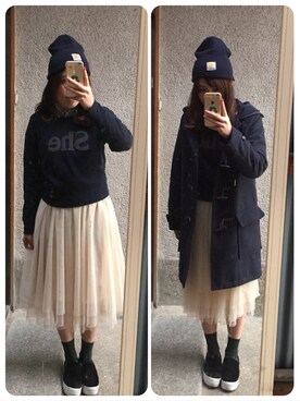「ロング丈ダッフル」｜「アイテム（帽子）」を使った、もぴこさん（レディース・160cm）の冬コーディネート