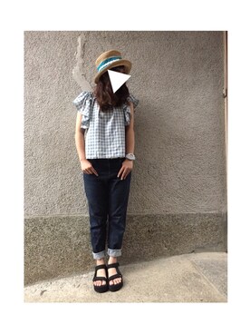 「kaorinomori（カオリノモリ）の【雑誌mer8月号掲載】【カオリノモリ】・ポークパイ（ハット）」を使った、もぴこさん（レディース・160cm）の夏コーディネート