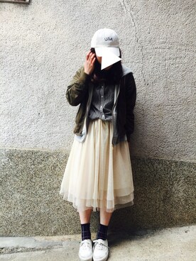 「melple（メイプル）のアイテム（帽子）」を使った、もぴこさん（レディース・160cm）の春コーディネート