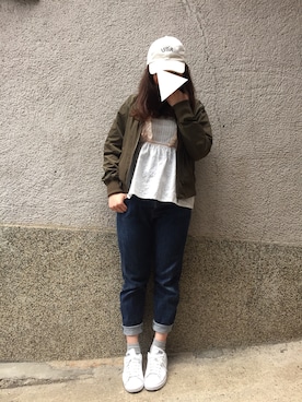 「melple（メイプル）のアイテム（帽子）」を使った、もぴこさん（レディース・160cm）の春コーディネート