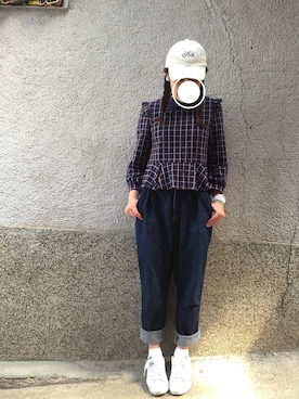 「melple（メイプル）のアイテム（帽子）」を使った、もぴこさん（レディース・160cm）の春コーディネート