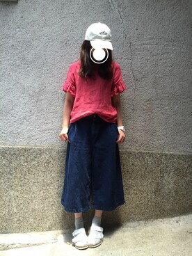 「melple（メイプル）のアイテム（帽子）」を使った、もぴこさん（レディース・160cm）の夏コーディネート