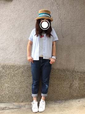 「kaorinomori（カオリノモリ）の【雑誌mer8月号掲載】【カオリノモリ】・ポークパイ（ハット）」を使った、もぴこさん（レディース・160cm）の夏コーディネート