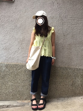 「melple（メイプル）のアイテム（帽子）」を使った、もぴこさん（レディース・160cm）の夏コーディネート