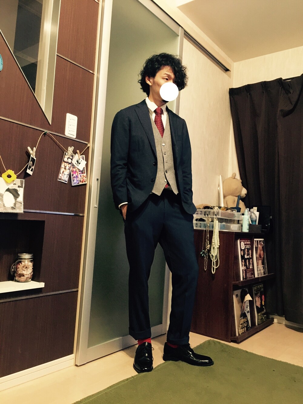 「結婚式、セットアップ、トレンドカラー2016AW、ロールアップ、革靴」｜「THE SUIT COMPANYのアイテム（セットアップ、ブルー系）」を使った、PANDAさん（メンズ・177cm）の秋コーディネートの1枚目の写真