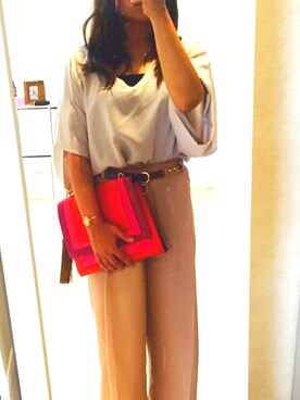 「GOUT COMMUN（グーコミューン）の【CLAASY掲載ゴムパンツアワード1位】ﾃﾝｾﾙ深ﾀｯｸﾊﾟﾝﾂ（その他パンツ、ピンク系）」を使った、SAYA☺︎さん（レディース・164cm）の夏コーディネート