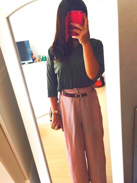 「GOUT COMMUN（グーコミューン）の【CLAASY掲載ゴムパンツアワード1位】ﾃﾝｾﾙ深ﾀｯｸﾊﾟﾝﾂ（その他パンツ、ピンク系）」を使った、SAYA☺︎さん（レディース・164cm）の夏コーディネート