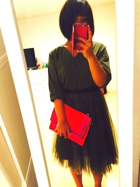 「hotticketの前も後ろもＶ！後ろにリボンでいつもより可愛い気分♪（シャツ/ブラウス、グリーン系）」を使った、SAYA☺︎さん（レディース・164cm）の夏コーディネート