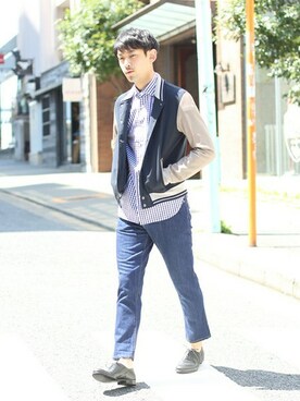 「STUDIOUS（ステュディオス）のアイテム（スタジャン）」を使った、田中さん（メンズ・180cm）の春コーディネート