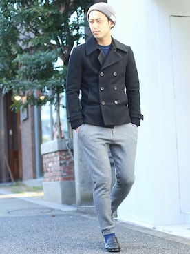 「STUDIOUS（ステュディオス）のアイテム（ピーコート）」を使った、田中さん（メンズ・180cm）の冬コーディネート